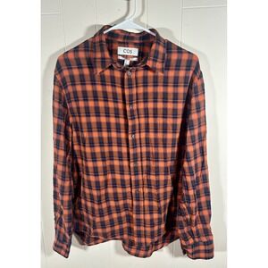 COS Relaxed Fit Plaid Shirt Mens Medium Orange Navy Blue Button Down